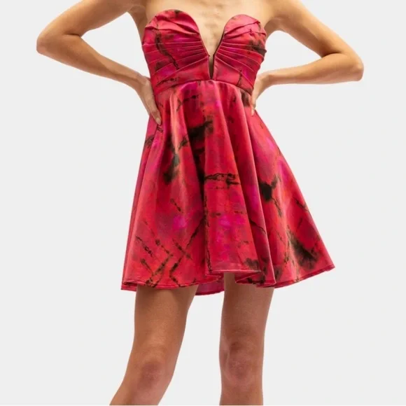 Aureta Alia Mini Dress Red Pink Black Tie Dye Bubble Strapless Rubellite M - Picture 1 of 5